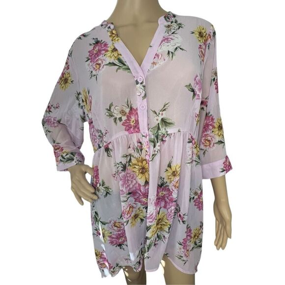 Torrid Floral Pattern Sheer Button Up Half Sleeve Flowy Blouse - Picture 1 of 5